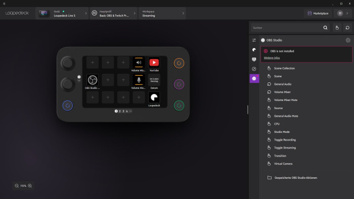 Bei uns streikte die Verbindung zu OBS auf einem Rechner - obwohl sich das Programm per Tastendruck auf dem Loupedeck starten lie&szlig;. (Bild: Martin Wolf/Golem.de)
